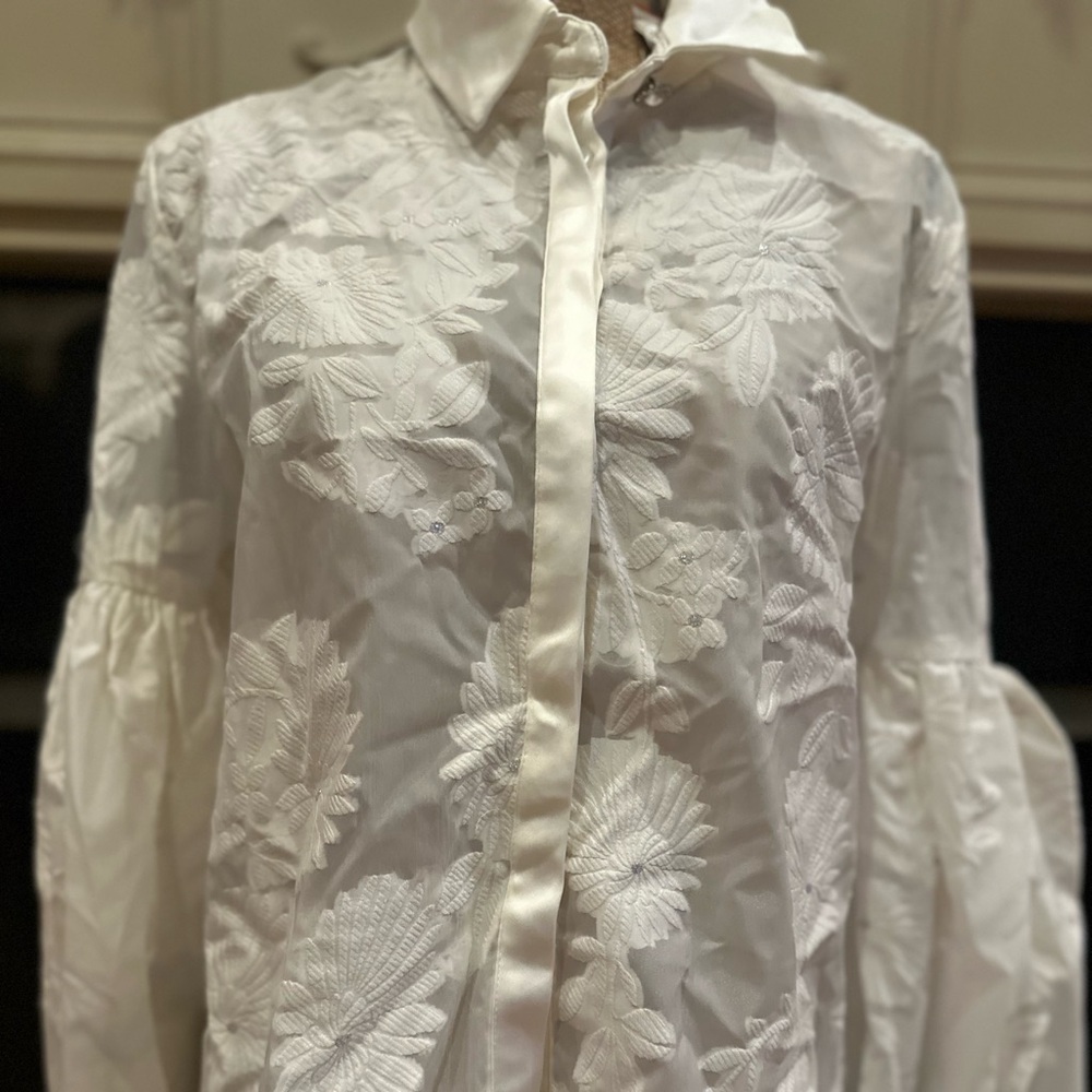 Dream By Sister Jane White Sheer Floral Blouse with Bell Sleeves - Picture 11 of 14